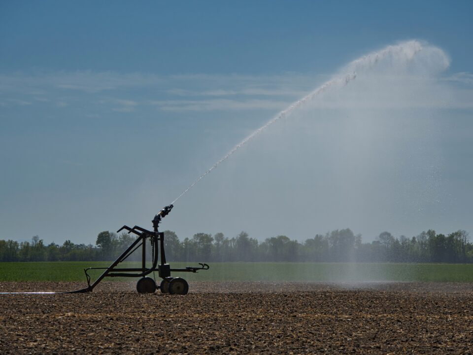 Large agricultural sprinkler irrigating a wide, dry field under a clear blue sky, with water spraying in a high arc across the farmland.